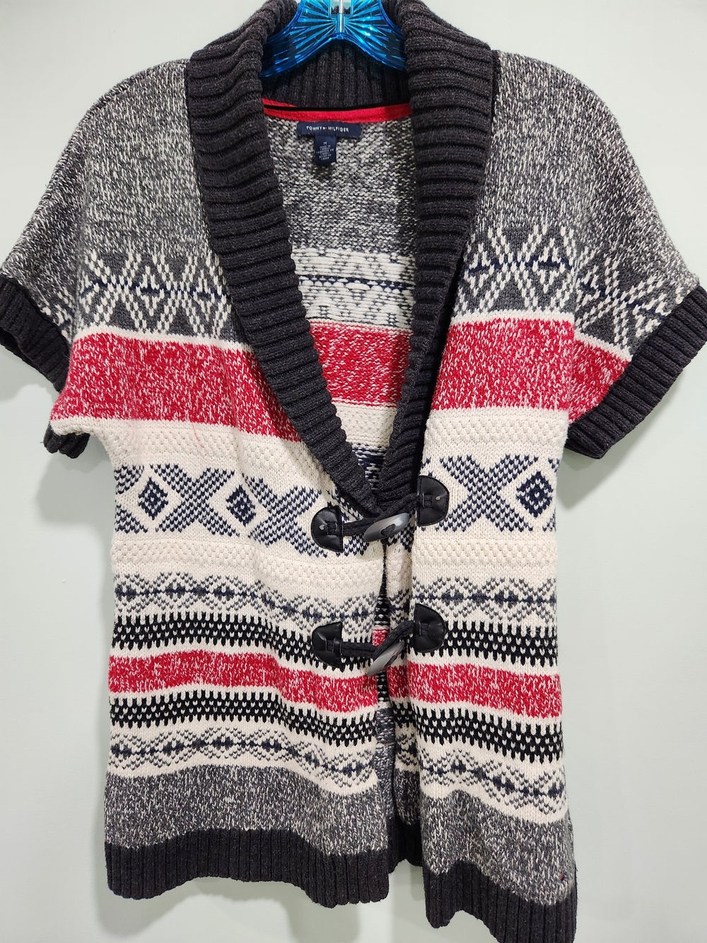 Tommy Hilfiger Short-Sleeve Shawl Collar Toggle Cardigan - Red/Black/Cream